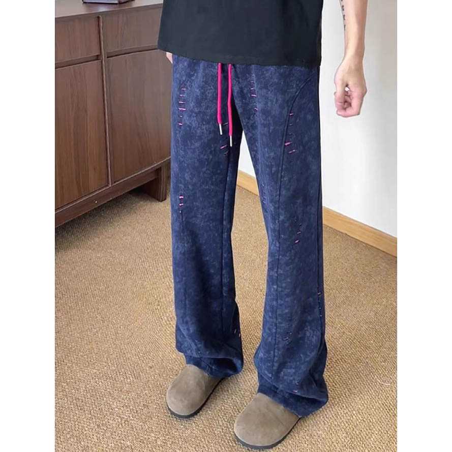 藏蓝色破洞扎染裤子宽松直筒长裤
