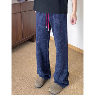 藏蓝色破洞扎染裤子男美式潮牌宽松直筒长裤系绳拼接解构弯刀卫裤