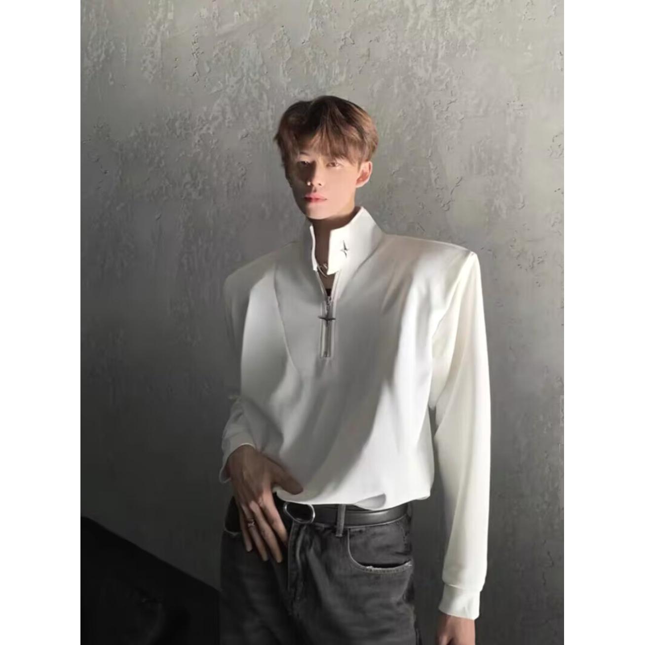 立领华夫格卫衣感垫肩长袖t恤