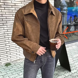 韩系男装短款麂皮绒面行政夹克男翻领拉链长袖美式飞行员工装外套