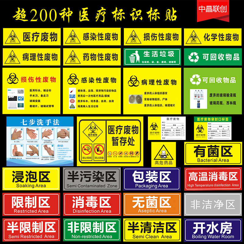 医疗废物分类标识不干胶标签医院仓库暂存处警示标志提示牌背胶