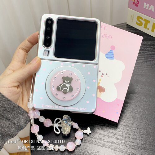 磁吸电镀银粉爱心镜面小熊支架适用摩托罗拉Razr60手机壳折叠屏moto razr50ultra手提挂绳保护套可爱少女新款