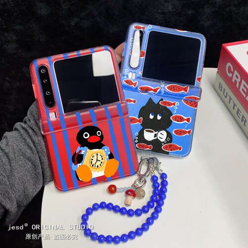 可爱条纹Pingu企鹅适用华为Pocket2/s手机壳小米mixflip2保护套n3flip三星zflip7折叠屏purax荣耀vflip2斜挎