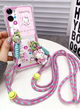 镜面黑皮kitty猫适用oppo Findn2Flip手机壳贴钻小众高级感findn3Flip折叠屏保护壳高档全包防摔女款斜挎挂绳