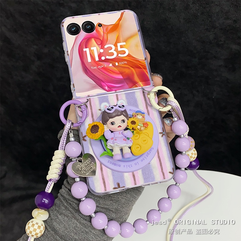 紫咖条纹可爱向日葵女孩磁吸支架适用摩托罗拉Razr60手机壳折叠屏moto razr50ultra背带挂绳保护套斜挎新款硬