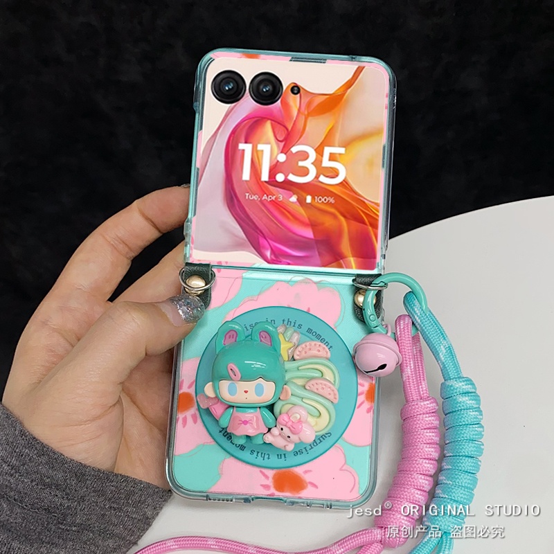 ins粉色花朵可爱兔兔女孩磁吸支架适用摩托罗拉Razr60手机壳折叠屏moto razr50ultra背带挂绳保护套斜挎新款