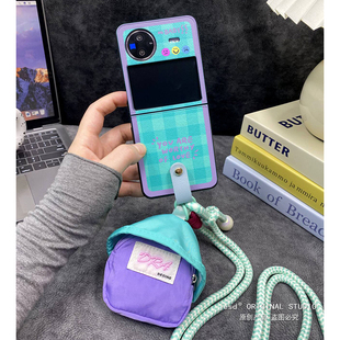 小众绿格纹创意英文适用vivoxflip手机壳腕带小众新款旅游小书包vivo xflip皮质小折叠屏保护壳斜跨背带挂绳