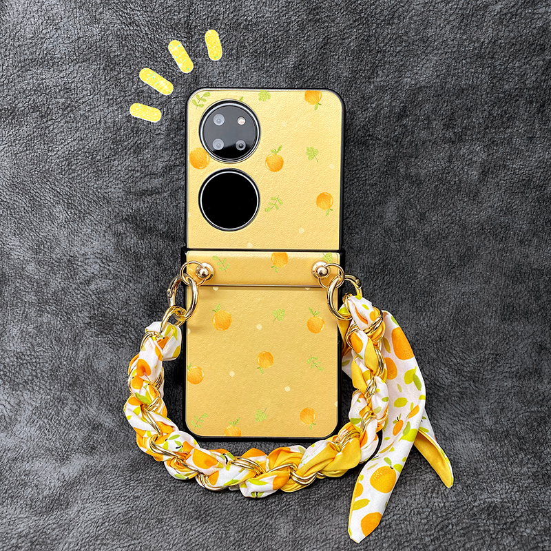 日韩ins春天满屏小清新橘子丝带手链适用华为p50pocket手机壳新款pocket2高级感皮纹pockets宝盒折叠屏保护壳