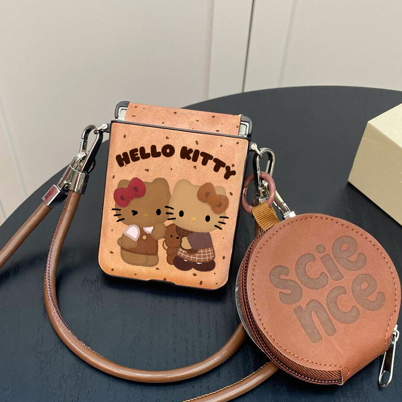 ins风复古皮革棕色可爱hellokitty零钱包适用小米mixflip手机壳卡通MIX Flip小折叠屏保护套挂绳手提斜挎外壳