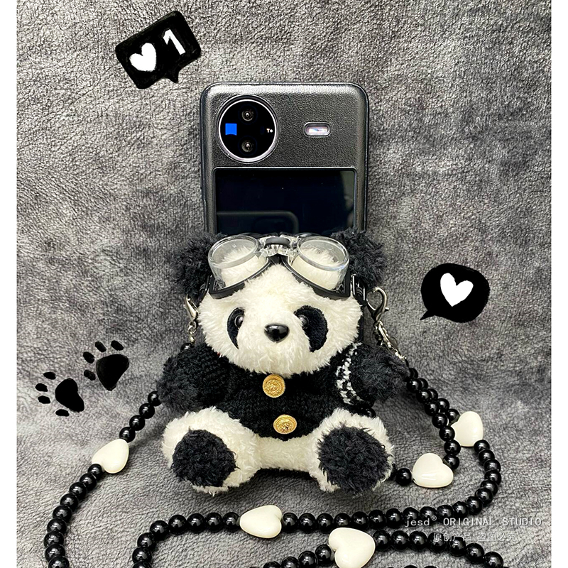 毛绒卡通熊猫公仔支架适用vivoxflip手机壳小众新款背带斜挎挂绳vivo xflip小折叠屏皮纹保护壳铰链全包防摔
