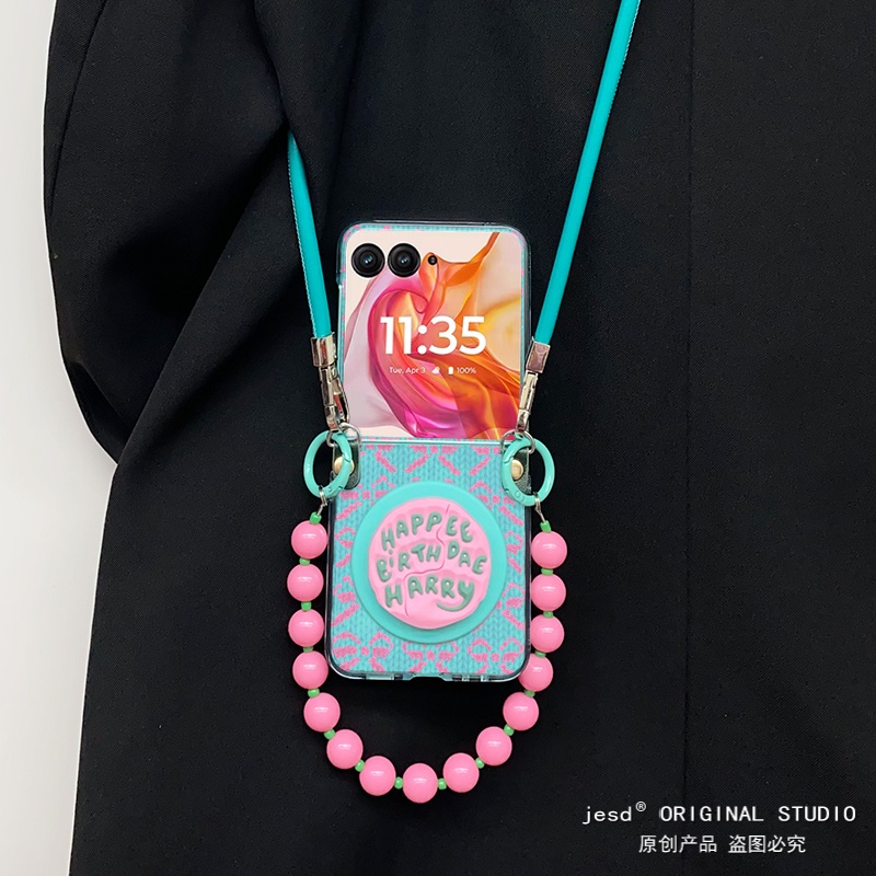 哈利波特粉英文蛋糕磁吸支架适用摩托罗拉Razr60手机壳折叠屏moto razr50ultra挂绳保护套可爱蝴蝶结斜挎新款