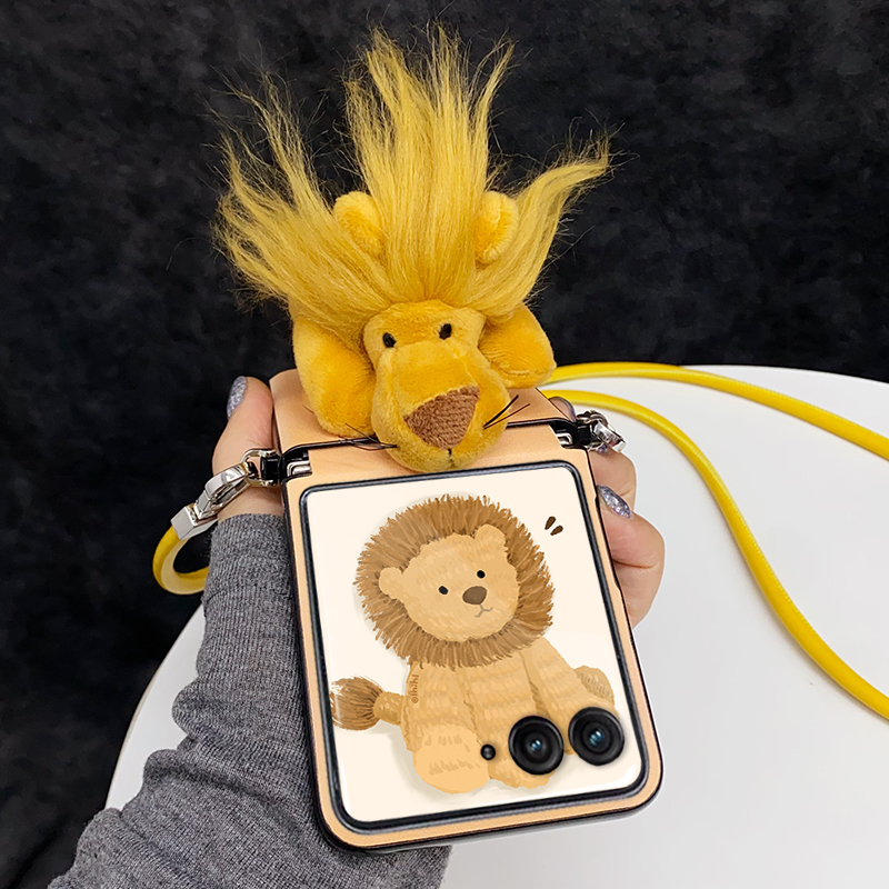毛绒可爱趴趴公仔狮子磁吸支架适用摩托罗拉Razr60手机壳折叠屏moto皮纹razr50ultra背带挂绳保护套斜挎新款