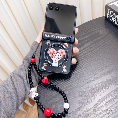 呆萌可爱斑点狗爱心磁吸支架带链条适用摩托罗拉Razr60手机壳折叠屏moto razr50ultra挂绳皮纹保护套卡通新款