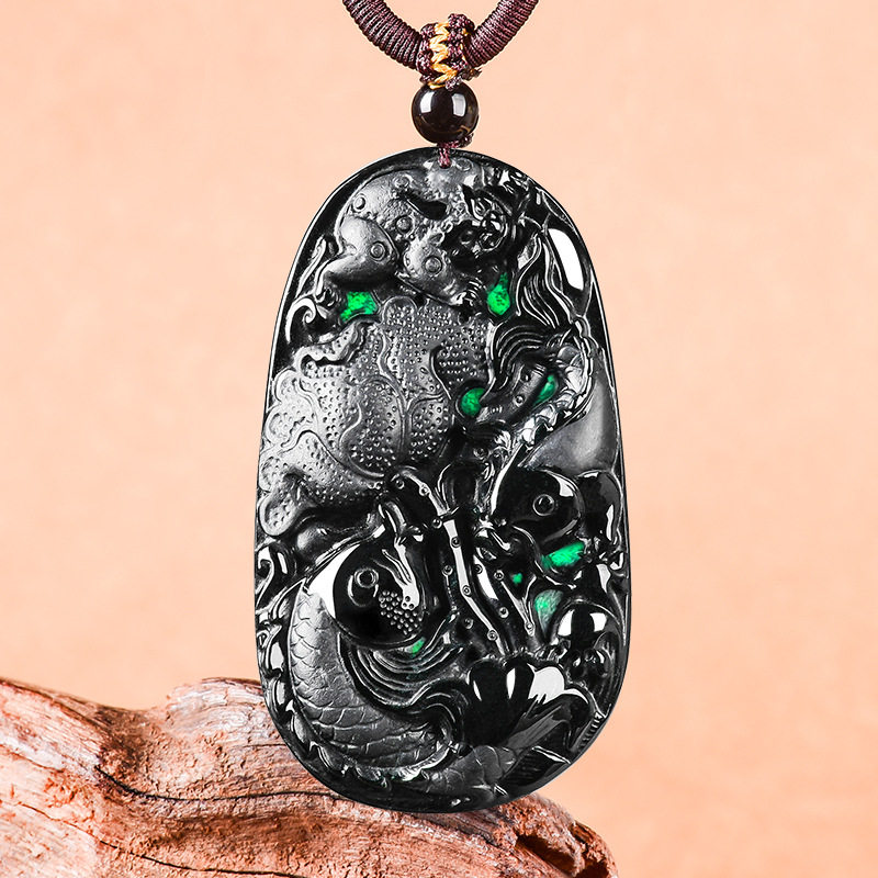 天然墨翠A货翡翠墨玉鱼牌年年有余吊坠玉石挂件通财男士项链女款