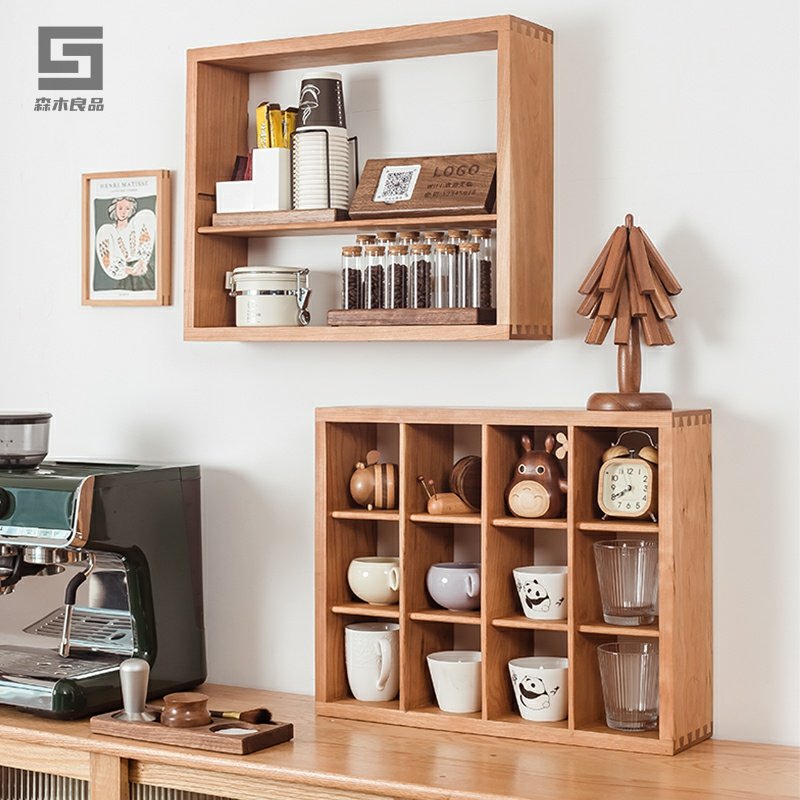 北欧风黑胡桃实木挂架茶室水杯茶具双层置物架餐厅墙壁挂式收纳架
