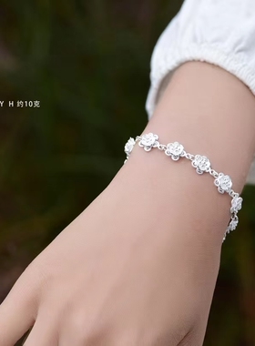 纯银玫瑰花拉丝手链/好运连连/吉祥美好/雪花银傣家熟银食用银