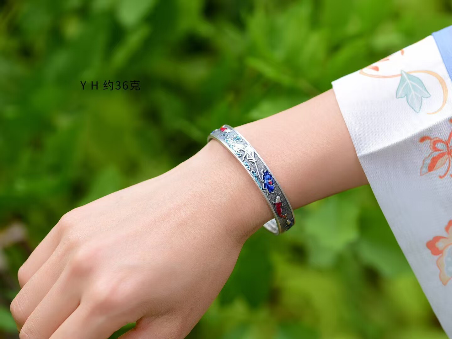 纯银国风做旧珐琅彩佛手莲花鱼优雅心经手镯/吉祥美好/足银雪花银