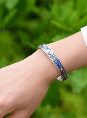 纯银国风做旧珐琅彩佛手莲花鱼优雅心经手镯/吉祥美好/足银雪花银