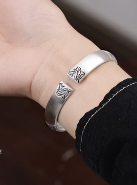 纯银做旧珐琅彩荷花镯子/好运连连/足银雪花银傣家熟银食用银