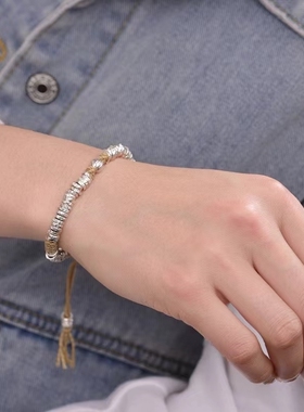 纯银钱串子手工锤纹盘缠手链/财源滚滚/好运连连/雪花银傣家熟银