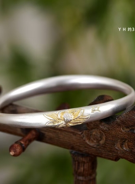 纯银宫廷风荷花手镯贵妃手镯人间富贵花足银雪花银傣家熟银食用银