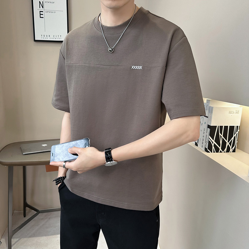 新面料轻奢高级男士设计感美式复古拼接短袖T恤半袖8784-P48图片