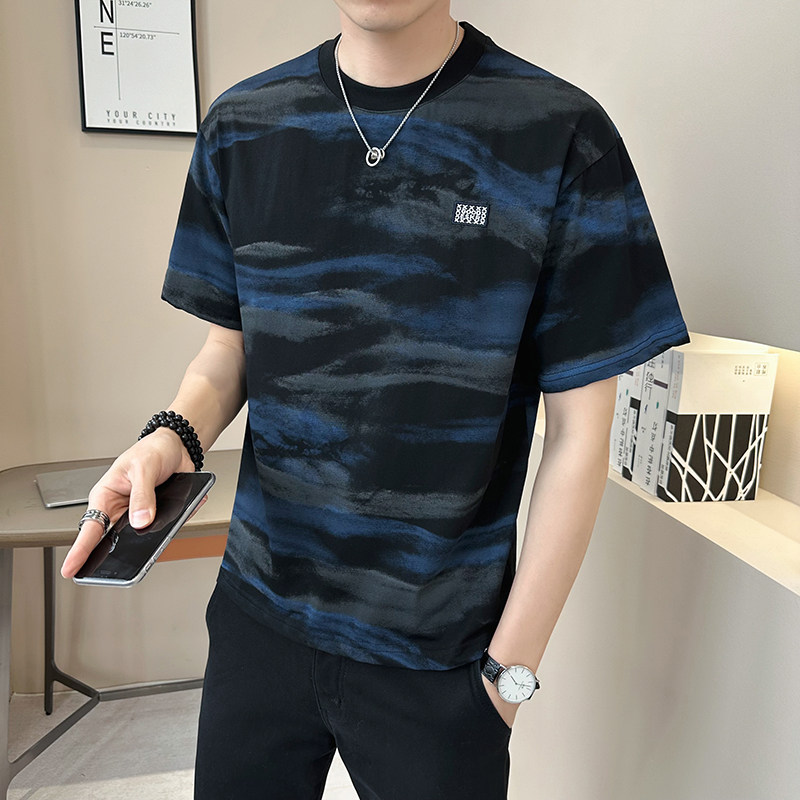 抖音原版面料迷彩水波纹轻奢高定短袖T恤半袖T530-P48,男装T恤,电商D246