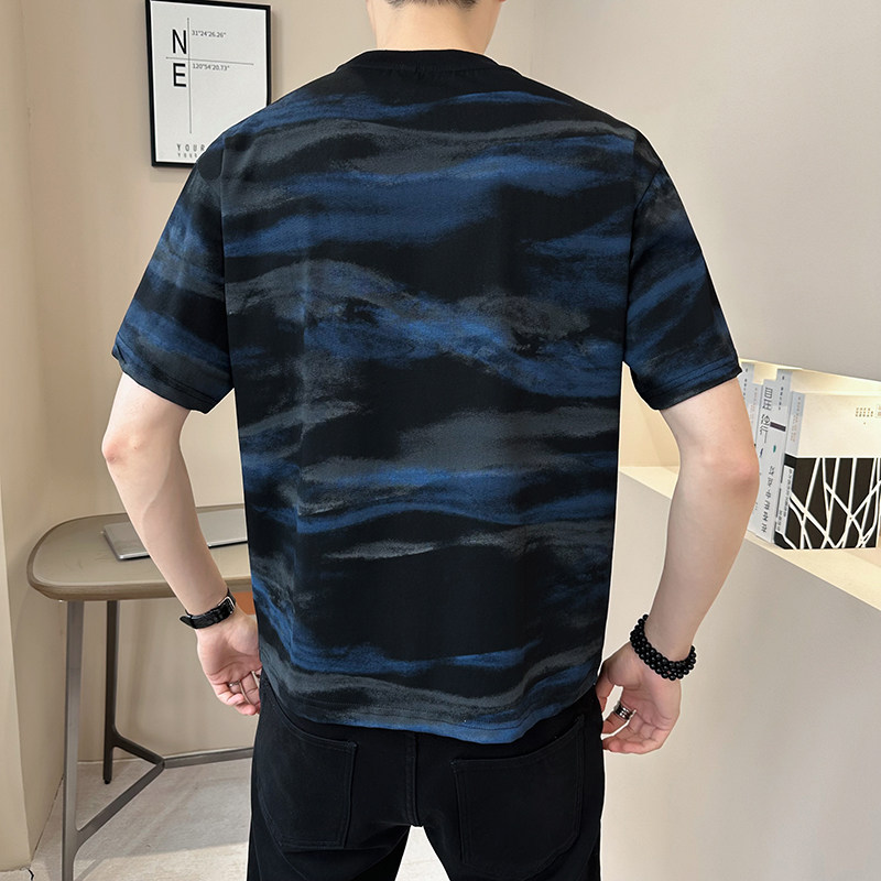 抖音原版面料迷彩水波纹轻奢高定短袖T恤半袖T530-P48,男装T恤,电商D246