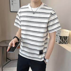 新面料轻奢冰丝男士设计感提花条纹短袖T恤半袖85159-P48图片