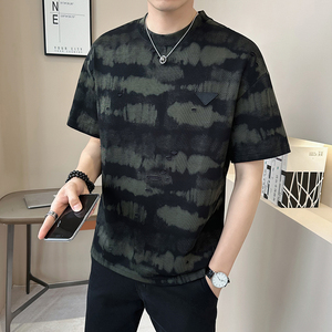 新面料轻奢破洞男士设计感晕染短袖T恤半袖8503-P48