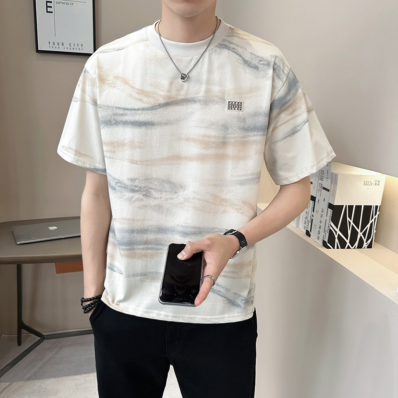 抖音原版面料迷彩水波纹轻奢高定短袖T恤半袖T530-P48,男装T恤,电商D246