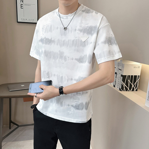 新面料轻奢破洞男士设计感晕染短袖T恤半袖8503-P48图片