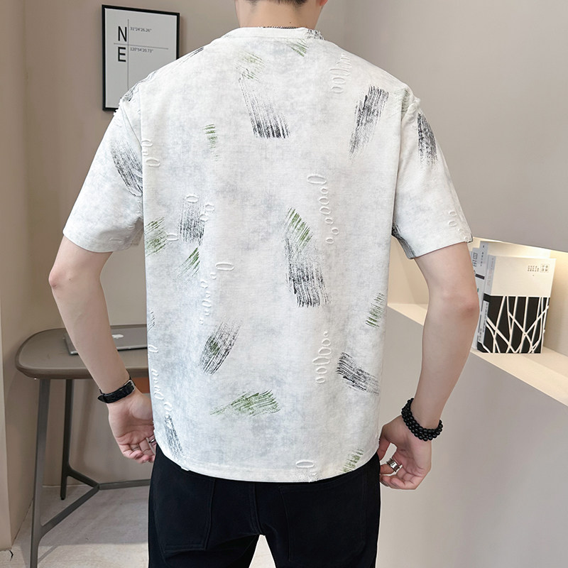 重磅提花轻奢男士设计感破洞潮牌扎染短袖T恤半袖T540-P48,男装T恤,电商D246