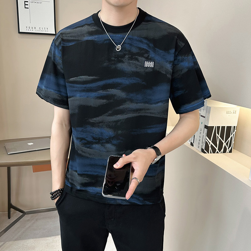 抖音原版面料迷彩水波纹轻奢高定短袖T恤半袖T530-P48,男装T恤,电商D246