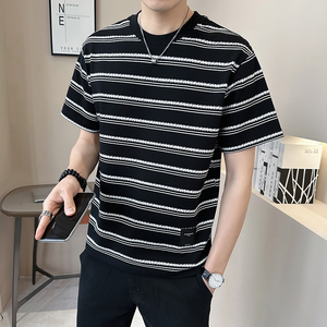 新面料轻奢冰丝男士设计感提花条纹短袖T恤半袖85159-P48图片