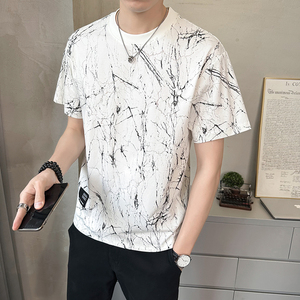 @店主扎染设计男士高克重圆领泼墨短袖T恤半袖85118-P48,黑色的时装套裙搭配什么颜色鞋子图片