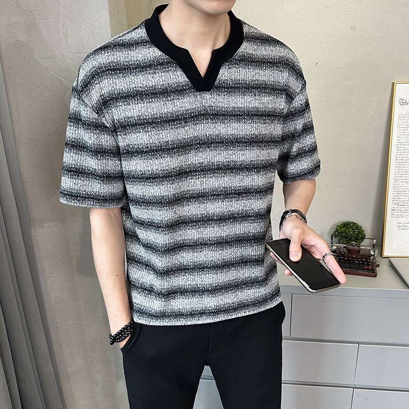 原版面料条纹男士高克重V领短袖T恤半袖T532-P48,男装T恤,电商D246