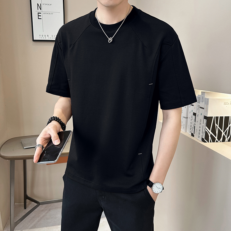 新面料轻奢高级男士设计感美式复古拼接短袖T恤半袖8771-P48，男装T恤，电商D246