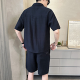 高品质重工艺男士冰丝衬衫工装一套装休闲运动短袖短裤30197-P100，男装T恤，电商D246