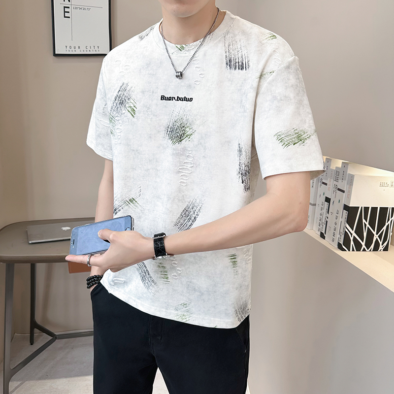 重磅提花轻奢男士设计感破洞潮牌扎染短袖T恤半袖T540-P48，男装T恤，电商D246