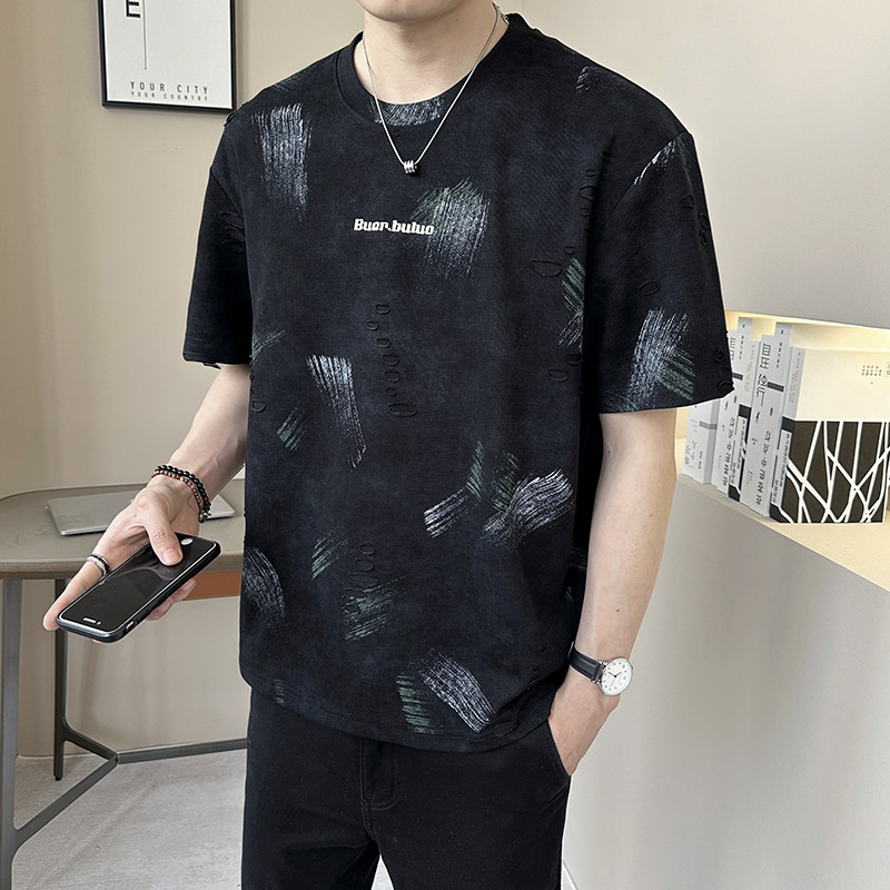 重磅提花轻奢男士设计感破洞潮牌扎染短袖T恤半袖T540-P48,男装T恤,电商D246