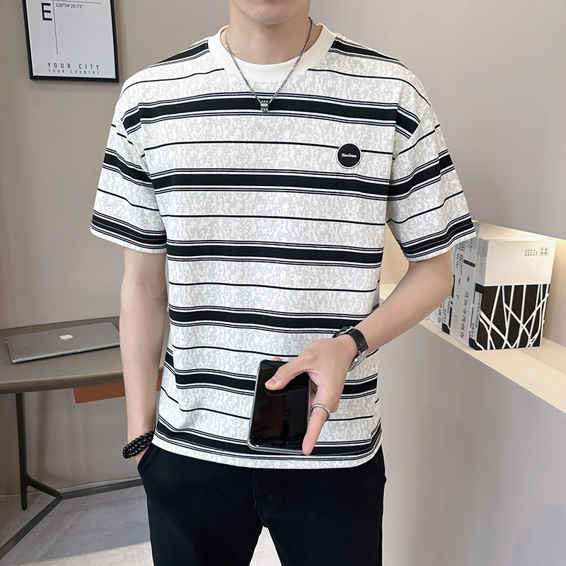 @店主2025新款设计男士高克重条纹圆领短袖T恤半袖8263-P48,男装T恤,电商D246