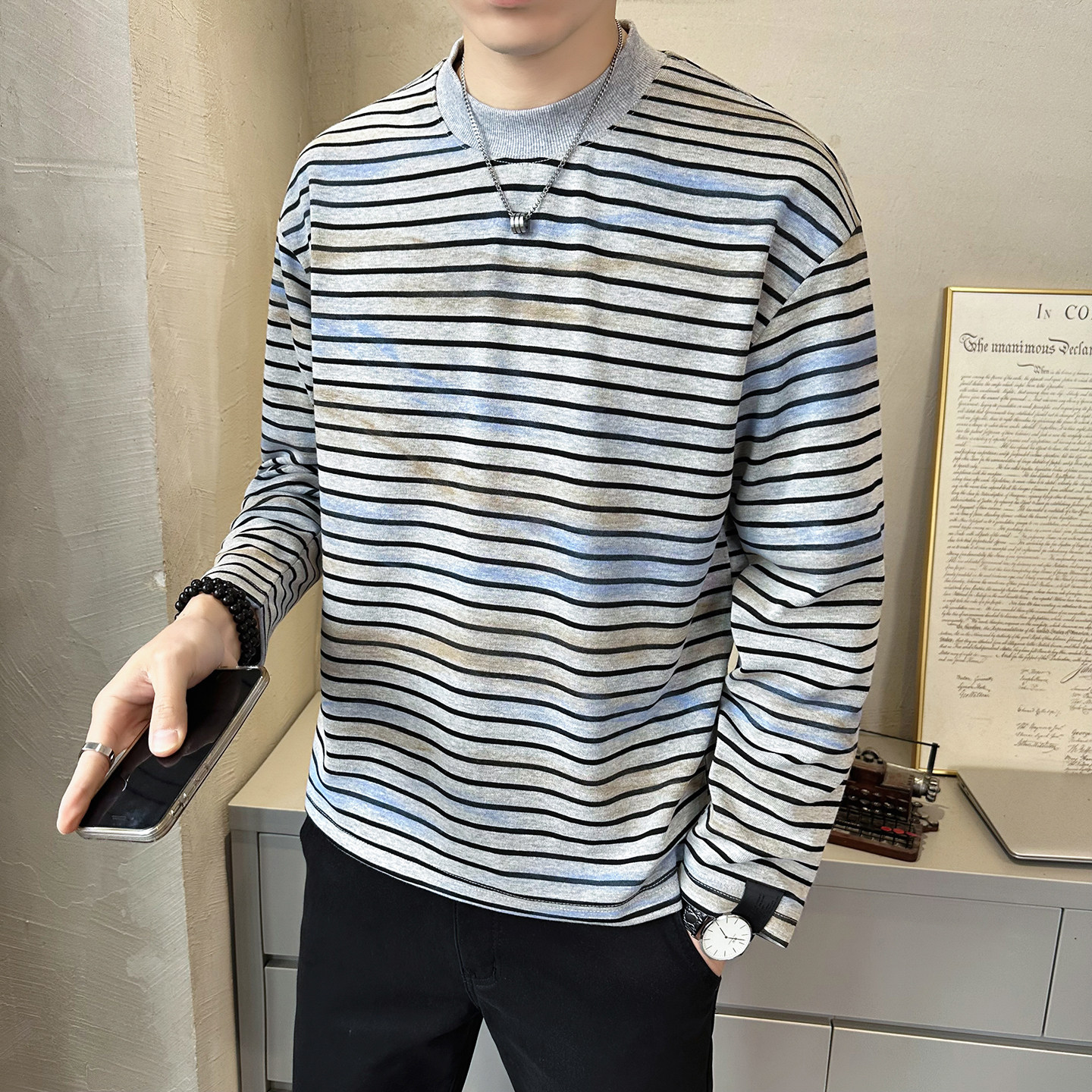 抖音慵懒风上衣男条纹扎染针织长袖卫衣圆领外套WY200-P68,女装短外套,电商D246
