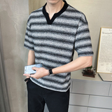 原版面料条纹男士高克重V领短袖T恤半袖T532-P48，男装T恤，电商D246