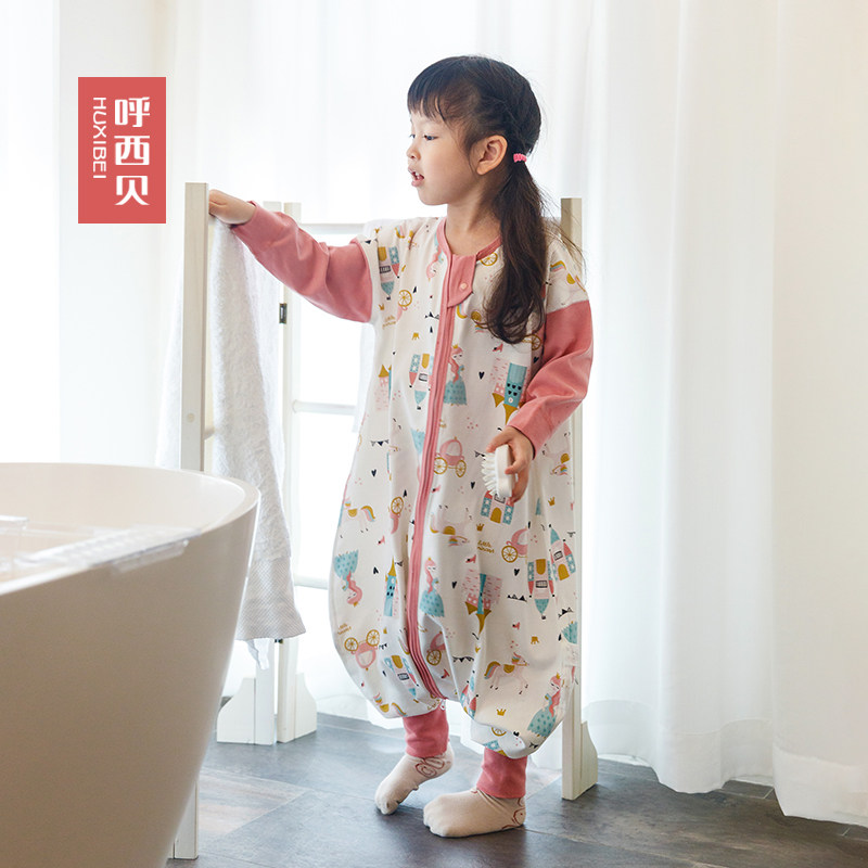 呼西贝女宝连体睡衣家居服无骨定染印花撞色女童趣味南瓜公主睡袋