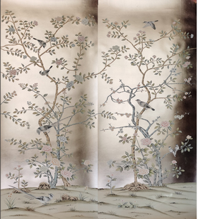 工笔手绘花鸟金银箔壁纸电视沙发客厅卧室书房墙纸art wallpaper