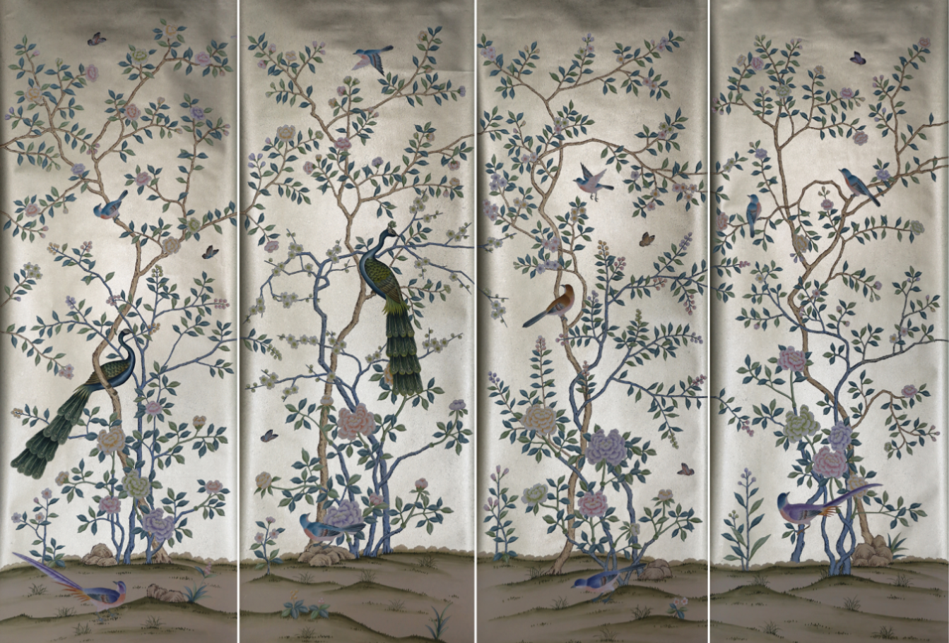 金箔手绘花鸟孔雀壁纸电视沙发客厅卧室书房玄关墙纸wallpaper