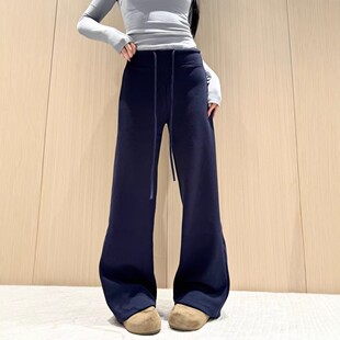 2026新款醋酸羊毛藏青色阔腿裤女秋冬加绒加厚宽松休闲垂感直筒裤
