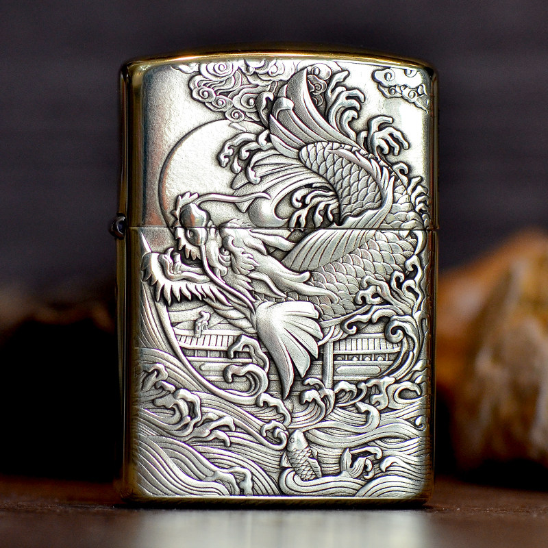 zippo正版打火机纯铜加厚盔甲双面浮雕鱼跃龙门个性定制男士礼物