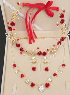 韩式结婚红色敬酒服新娘头饰2024新款晚礼服发饰仙美披短发女回门